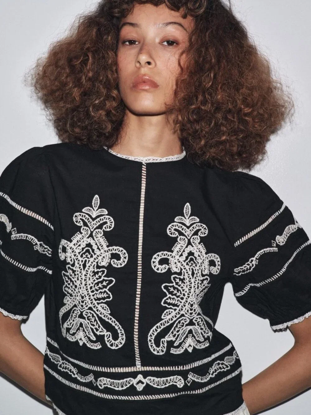 ZARA ZW Collection Embroidered Cotton Blouse NWT XS Black Contrast Summer